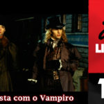 Vitrine do podcast Covil de Livros. No primeiro plano, cena do filme "Entrevista com o Vampiro" contendo Brad Pitty, Tom Cruise e Kristen Dust. Na lateral direita, faixa vertical escrito "Podcast Covil de Livros" e o número da edição: 115.