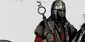 Corte da capa do livro que mostra o tronco de um guerreiro com armadura segurando uma espada. Ele está em cima de um cavalo.