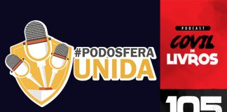 Fotomontagem que mostra à esquerda a logo do projeto Podosfera Unida 2018 em fundo preto. À direita fica a logo do podcast em fundo vermelho e embaixo o número 105 escrito na cor branca em fundo preto.