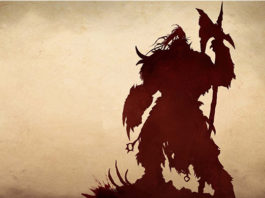 Silhueta de um monstro humanóide em pé segurando um machado. Fundo em cor palha.