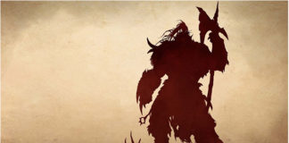 Silhueta de um monstro humanóide em pé segurando um machado. Fundo em cor palha.