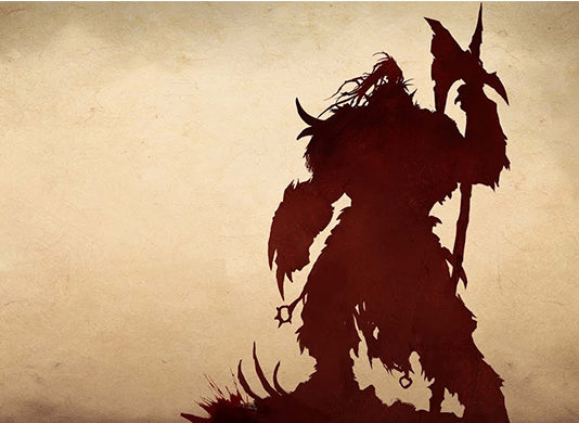 Silhueta de um monstro humanóide em pé segurando um machado. Fundo em cor palha.