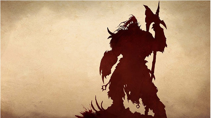 Silhueta de um monstro humanóide em pé segurando um machado. Fundo em cor palha.