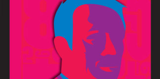 Corte da capa do livro "Fundação", nova edição da editora Aleph onde se vê rosto de um homem em cores vibrantes e chapadas, sobre o fundo cor de rosa berrante.