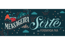 Montagem da capa do livro. No fundo uma ilustração de um céu noturno com estrelas e nuvens, em primeiro plano, o texto em fonte estilizada: "Mensageira da Sorte" de Fernanda Nia