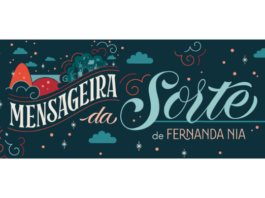 Montagem da capa do livro. No fundo uma ilustração de um céu noturno com estrelas e nuvens, em primeiro plano, o texto em fonte estilizada: "Mensageira da Sorte" de Fernanda Nia