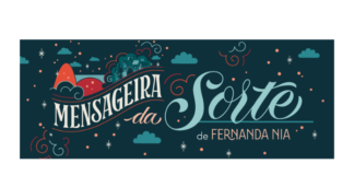 Montagem da capa do livro. No fundo uma ilustração de um céu noturno com estrelas e nuvens, em primeiro plano, o texto em fonte estilizada: "Mensageira da Sorte" de Fernanda Nia