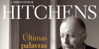Recorte da capa do livro "Ultimas Palavras", do escritor Christopher Hitchens. Em destaque, o rosto em preto e branco do escritor com um olhar capisbaixo