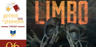 Vitrine do podcast Boteco dos Versados. Tem uma coluna lateral à esquerda, com a logo do podcast (uma caneca de chopp e um livro), o nome do podcast, a logo do site Leitor Cabuloso e abaixo o número do episódio 11. Em destaque, um recorte da capa do livro "Limbo". Na parte de cima da imagem, o título do livro bem grande escrito em amarelo. Na frente, dois crânios de aves, parecem ser corvos. O fundo é preto, com várias mãos que parecem que estão vindo nos agarrar.