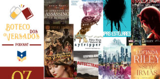 Vitrine do podcast Boteco dos Versados. Tem uma coluna lateral à esquerda, com a logo do podcast (uma caneca de chopp e um livro), o nome do podcast, a logo do site Leitor Cabuloso e abaixo o número do episódio 11. Em destaque, um mosaico com as capas de vários livros que foram as indicações do episódio.