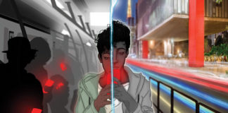 Recorte da capa do livro "O Homem Vazio" escrito por Thiago Lee. Na imagem, um jovem negro segurando um celular na mão. Ao fundo, no lado direito temos o MASP e no lado esquerdo o interior de um vagão de metrô com sombras de pessoas olhando para seus celulares.