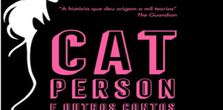 Recorte da capa do livro "Cat Person e outros contos". Na imagem, o título do livro em alto relevo na cor rosa em um fundo preto.