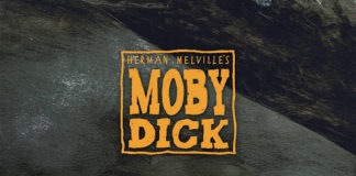 Recorte da capa. Em primeiro plano, no centro um quadrado vazado com borda, dentro está escrito "Herman Melville's Moby Dick", tudo em amarelo. No fundo, desenho quase irreconhecivel de uma parte da baleia, em tons de cinza escuro para o preto.