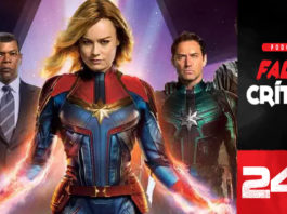 Vitrine do podcast Falha Crítica. Na lateral direita, uma faixa vertical com o logo do podcast e, embaixo o número do episódio: 244. Em destaque, foto da Capitã Marvel (atriz Brie Larson).