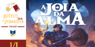 Vitrine do Podcast Boteco dos Versados, tem uma coluna vertical a esquerda com a logo do Podcast, uma caneca de Chopp brindando com um livro, no meio a logo do Leitor Cabuloso e abaixo o número do episódio, 14.