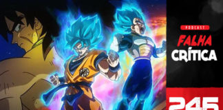 Vitrine do podcast Falha Crítica. Na lateral direita, uma faixa vertical com o logo do podcast e, embaixo o número do episódio: 246. Invasão anime, Em destaque, Goku, Vegeta e Brolly de Dragon Ball