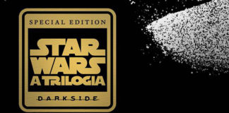 Recorte da capa do livro. Fundo preto com uma mancha branca pontilhada indistinguivel à direita. À esquerda um selo dourado, dentro do selo, no topo em preto, o texto: "Especial Edition". Na base do selo, em preto, o nome da editora Darkside. No centro do selo, em fundo preto, o título: "Star Wars A Trilogia", na fonte oficial da marca.