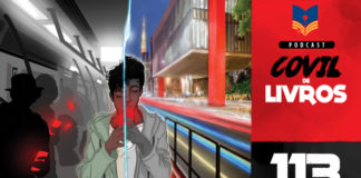 Vitrine do podcast Covil de Livros. No primeiro plano, recorte da capa do livro "O Homem Vazio" mostrando a imagem de um jovem negro de frente segurando um celular com as duas mãos, bem próximo do rosto. Tem um risco irregular que divide a capa (e o jovem) bem ao meio, no sentido vertical. Ao fundo, no lado esquerdo temos imagem do interior de um metrô com várias pessoas segurando o celular; no lado direito, a imagem da Avenida Paulista e o MASP. Na lateral direita, faixa vertical escrito "Podcast Covil de Livros" e o número da edição: 113