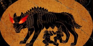 Recorte da capa da Antologia Mitografias Vol 2 - Mitos de Origem, no centro tem um desenho em preto da loba capitolina amamentando dois bebês, seus olhos soltam chamas vermelhas. O desenho simula a estética de um vaso grego antigo. o fundo é uma forma ovalada em tom amarelo-alaranjada com rachaduras.