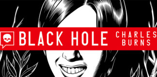 Recorte da capa da HQ. Desenho em preto e branco, com o fundo em preto, parte do rosto de uma pessoa de cabelos curtos e mostrando os dentes. Plantas ocupam as laterais da imagem. Em primeiro plano uma faixa vermelha horizontal atravessa a imagem, nela está, em branco, o logo da DarkSide Books, o título "Black Hole" e o nome do autor. A faixa cobre os olhos do personagem da imagem.