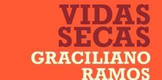 Recorte da capa do livro, com título "Vidas Secas" em vermelho escuro, o nome do autor Graciliano Ramos em branco, em fundo vermelho