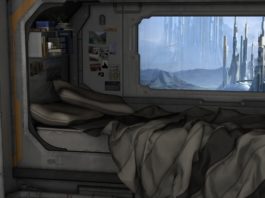 Desenho em computação gráfica do interior de um quarto no estilo de comodos espaciais, uma cama de solteiro com dois travesseiros e um lençol caindo, algumas fotos coladas na parede logo ao lado, e uma janela que mostra uma paisagem com prédios futuristicos e montanhas ao fundo.