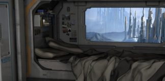 Desenho em computação gráfica do interior de um quarto no estilo de comodos espaciais, uma cama de solteiro com dois travesseiros e um lençol caindo, algumas fotos coladas na parede logo ao lado, e uma janela que mostra uma paisagem com prédios futuristicos e montanhas ao fundo.