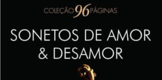 Recorte da capa do livro, fundo preto, com o texto "Coleção 96 Páginas" no topo, no centro, o título: Sonetos de Amor & Desamor. Na base uma parte de uma estátua.