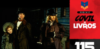 Vitrine do podcast Covil de Livros. No primeiro plano, cena do filme "Entrevista com o Vampiro" contendo Brad Pitty, Tom Cruise e Kristen Dust. Na lateral direita, faixa vertical escrito "Podcast Covil de Livros" e o número da edição: 115.