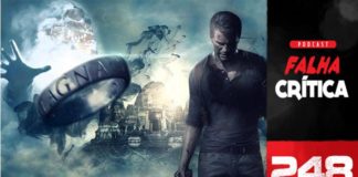 No lado direito, uma coluna de fundo preto com o texto: Podcast Falha Critica, abaixo em fundo vermelho, o número 248. No lado esquerdo, um homem de frente, cabisbaixo e segurando uma arma, no fundo, uma motagem com um templo, uma caveira e a mão esquerda de alguem, todos encobertos por névoas, e um anel visto de perto.