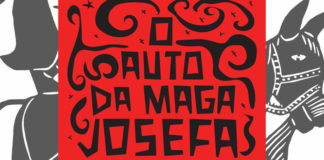 Em primeiro plano, recorte da capa do livro, com fundo vermelho e o titulo: "O Auto da Maga Josefa", na base, o nome da autora Paola Siviero. No fundo parte de um desenho de animal semelhante a asno, em traço de estilo xilogravura nordestina.