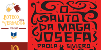 Vitrine do episódio 19 do Boteco dos Versados. Tem uma coluna a esquerda, com a logo do Boteco dos Versados em cima, a logo do Leitor Cabuloso no centro e a numeração do episódio abaixo. Em destaque, um recorte da capa do livro O Auto da Maga Josefa da Paola Siviero. A capa é vermelha e possui alguns desenhos como estrelas e uma mula.