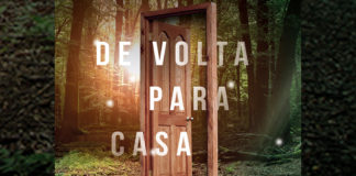 Recorte da capa do livro. Uma floresta com uma luz vindo do fundo. No centro da floresta, uma porta de madeira aberta e o título "De volta para casa", em branco, atravessando a porta.