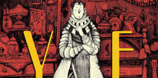 Recorte da capa ilustrada da hq. No fundo, em cor vemelha, inumeros objetos em armários e na parede. Em primeiro plano, no centro em preto e branco, um garoto com vestes diferenciadas, em várias camadas de roupa, usando casaco. O garoto fica entre as letras amarelas do titulo YE.