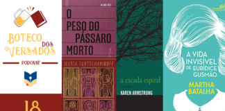 Da esquerda para a direita: capa de abertura do boteco dos versados, e o número 18 na parte inferior. Capa do livro: O peso do pássaro morto com as letras dispostas sobre fios. Abaixo a capa do livro Maresi. Capa do Livro: a Escada espiral, com a sombra de uma árvore destacada contra um céu ao fundo. Capa do Livro: A vida invisível de Eurídice Gusmão, título escrito no lugar do rosto inexistente de uma mulher, sendo possível somente observar seus cabelos e a gola de sua roupa.