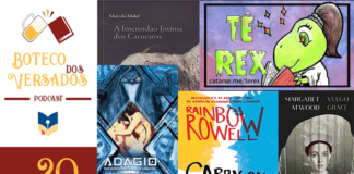 Vitrine do episódio 20 do Boteco dos Versados. A esquerda tem uma coluna com a logo do podcast em cima, a logo do leitor cabuloso no centro e o número do episódio abaixo. Em destaque, um mosaico com as capas dos 5 livros indicados no episódio.