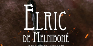 Recorte da capa do livro. Um fundo com uma textura semelhante à de uma rocha, parte de um cabo escuro de uma espada, voltado para baixo. Em primeiro plano o titulo do livro: "Elric de Melniboné", um traço abaixo, e o subtitulo: "A Traição ao Imperador"