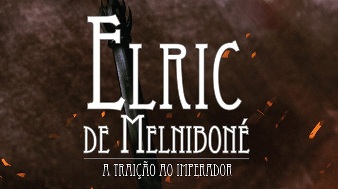 Elric de Melniboné - A Traição Ao Imperador Recorte da capa do livro. Um fundo com uma textura semelhante à de uma rocha, parte de um cabo escuro de uma espada, voltado para baixo. Em primeiro plano o titulo do livro: