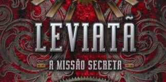 Recorte da capa do livro. Em primeiro plano, no centro, em cinza e com efeito de alto relevo, o título: "Leviatã A Missão Secreta". No fundo um vermelho texturizado com alguns ornamentos abstratos em cinza, e abaixo, parte de uma engrenagem.