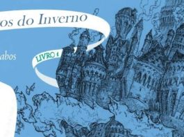 Recorte da capa do livro. Em um fundo azul, ilustração apenas em traço, de um castelo flutuando. Uma faixa branca da a volta em algumas torres do castelo, contém o título do livro: "Os Noivos do Inverno", e o texto: "Livro 1"
