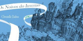 Recorte da capa do livro. Em um fundo azul, ilustração apenas em traço, de um castelo flutuando. Uma faixa branca da a volta em algumas torres do castelo, contém o título do livro: "Os Noivos do Inverno", e o texto: "Livro 1"