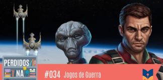 Descrição da vitrine: Fotomontagem com parte da capa do livro "Jogos de Guerra" onde se vê um alienígena ao lado de um humano vestido com roupas de general. Ao fundo tem naves indo ao espaço. No canto inferior esquerdo, a logo do podcast, que é a ilustração de uma estante com livros e outros objetos, onde lê-se “Perdidos na Estante". Ao lado, em uma faixa rosa na qual está escrito “34 –Jogos de Guerra" e com o selo do Leitor Cabuloso.