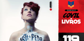Vitrine do podcast Covil de Livros. No primeiro plano, recorte da capa do livro, mostrando Amanda Palmer, ela olha para cima, ela segura uma flor vermelha e em seu corpo está escrito a tinta o titulo do livro: A Arte de Pedir. Na lateral direita, faixa vertical escrito "Podcast Covil de Livros" e o número da edição: 119.
