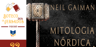 Vitrine do episódio 22 do Boteco dos Versados. Tem uma coluna na esquerda, no topo a logo do podcast, um livro brindando com uma caneca de cerveja; no centro a logo do Leitor Cabuloso; e en baixo o número do podcast, 22. Em destaque, um recorte da capa do livro Mitologia Nórdica do Neil Gaiman, o martelo de Thor, Mjolnir, está a esquerda, e no do centro para a direita o título do livro e o nome do autor.
