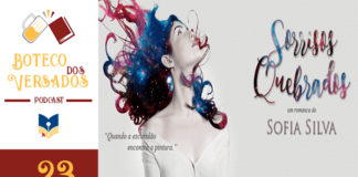 Vitrine do episódio 23 do Podcast Boteco dos Versados. Na esquerda, uma coluna com a logo do do Podcast no topo, a logo do Leitor Cabuloso no centro e abaixo o número do episódio, 23. Em destaque, uma montagem com a capa do livro. Ao centro, a figura de uma mulher de cabelos esvoaçantes olhando para cima e, em seus cabelos, uma representação da galáxia. Ao lado direito dela, o texto: "Quando a escuridão encontra a pintura". E ao lado esquerdo o titulo do livro e o nome da autora.