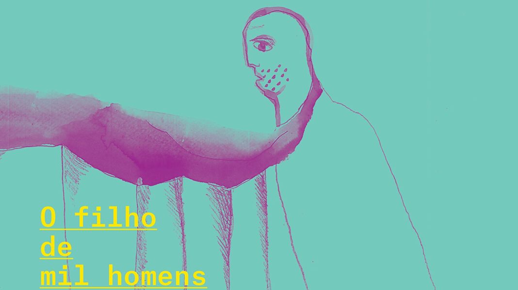 O Filho de Mil Homens - Valter Hugo Mãe Recorte da capa do livro. Sobre um fundo esverdeado, um desenho de um homem de perfil, com barba a fazer, e uma mancha rosa que sai da altura de seu pescoço até a extremidade da capa. O desenho é em traço rosa, fino, extremamente simples e sem preenchimento, apenas o contorno. No canto inferior esquerdo, o título, em amarelo: