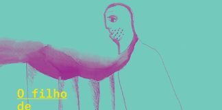 Recorte da capa do livro. Sobre um fundo esverdeado, um desenho de um homem de perfil, com barba a fazer, e uma mancha rosa que sai da altura de seu pescoço até a extremidade da capa. O desenho é em traço rosa, fino, extremamente simples e sem preenchimento, apenas o contorno. No canto inferior esquerdo, o título, em amarelo: "O filho de mil homens"