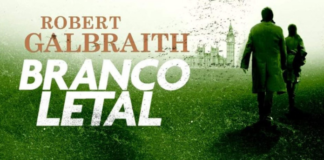 Recorte da capa do livro. Em primeiro plano o nome do autor: Robert Galbraith. Logo abaixo o título do livro, em branco: "Branco Letal". De fundo, um gramado verde, no fundo do horizonte o Palácio de Westminster. À direita da imagem, duas pessoas, sob uma iluminação esverdeada caminham em direção ao horizonte.
