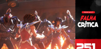 No lado direito, uma coluna de fundo preto com o texto: Podcast Falha Critica, abaixo em fundo vermelho, o número 251, com o Seiya de pégasus encarando o Ikky de fênix rodeado pelos cavaleiros negros