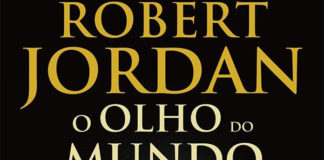 Recorte da capa do livro. Sobre um fundo preto, em letras grandes, no topo, o nome do autor: "Robert Jordan", abaixo, o título do livro: "O Olho do Mundo".